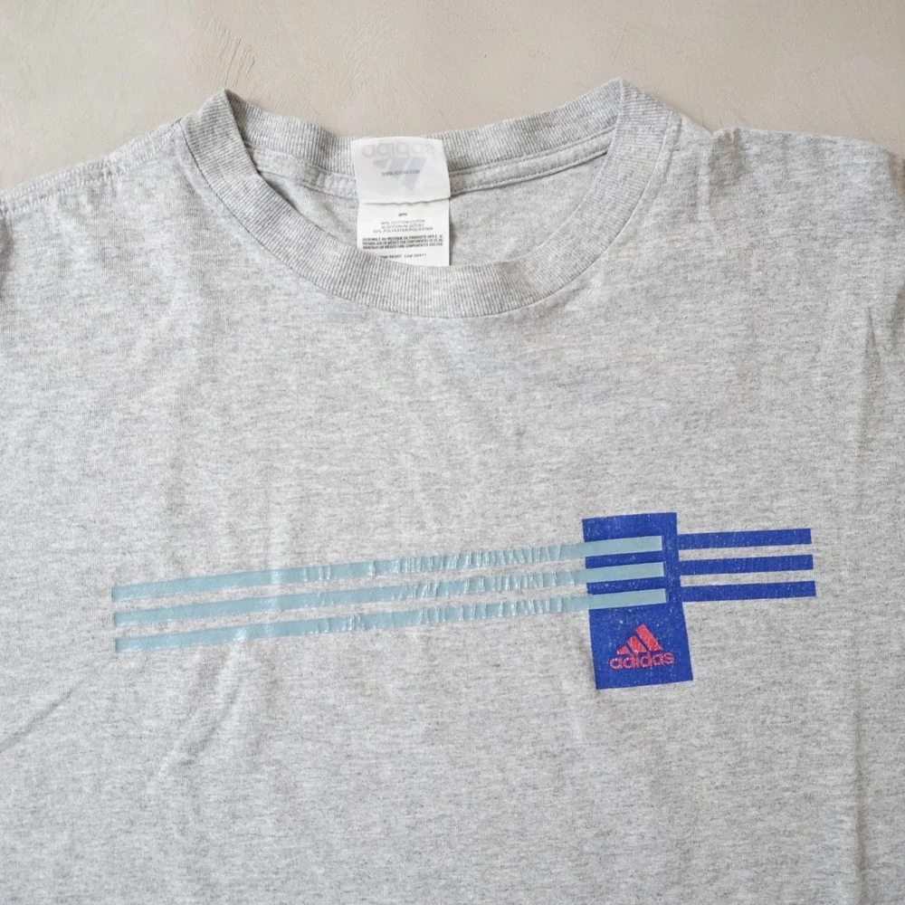 Vintage Adidas T-Shirt Large Mens 90s Gray Graphic 3 Stripe Geometric Sportswear